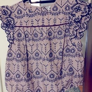 Crown & Ivy smock/swing top. Scalloped hem flutter sleeves, embroidered design.